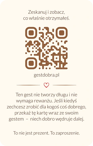 Tył karty Gestu Dobra: kod QR prowadzący na gestdobra.pl i krótkie wyjaśnienie idei